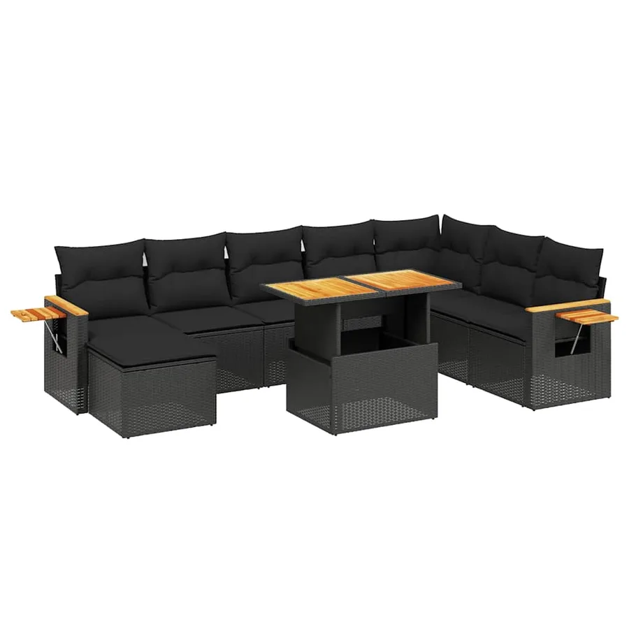 Salon de jardin 9 pcs avec coussins noir résine tressée - 2