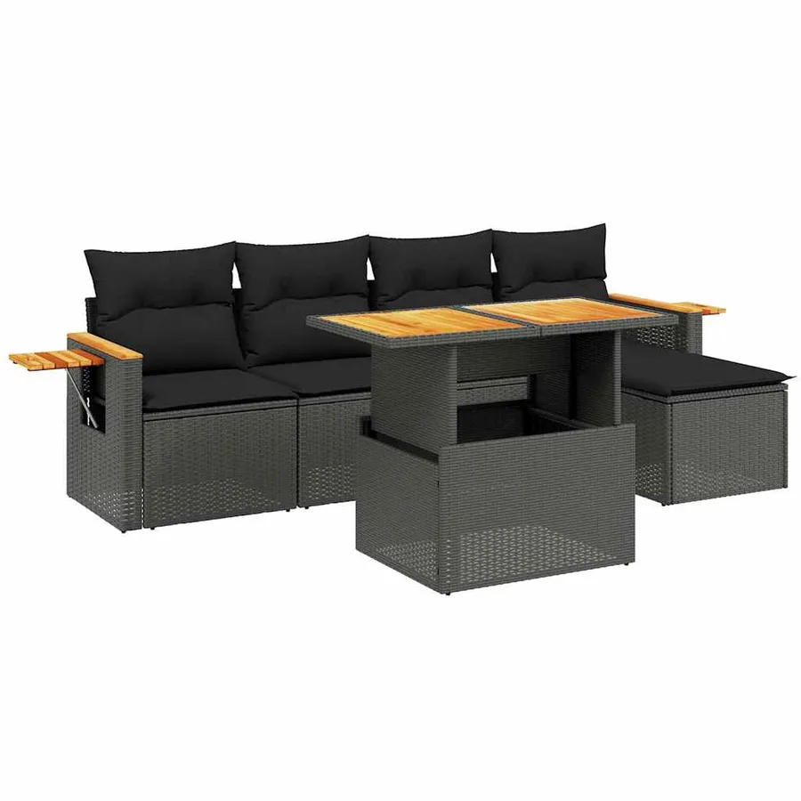 Salon de jardin 6 pcs avec coussins noir résine tressée - 2