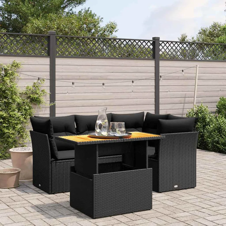 Salon de jardin 5 pcs avec coussins noir résine tressée