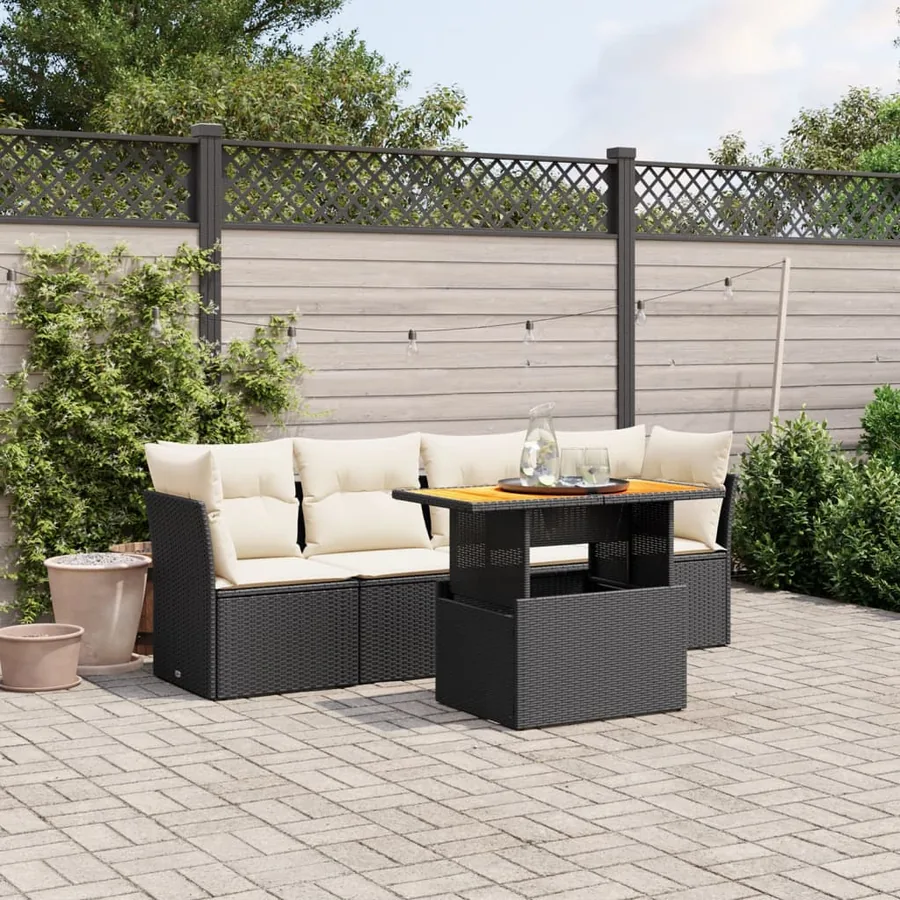 Salon de jardin 5 pcs avec coussins noir résine tressée