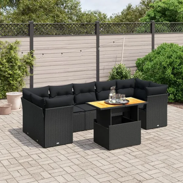 Salon de jardin 8 pcs avec coussins noir résine tressée