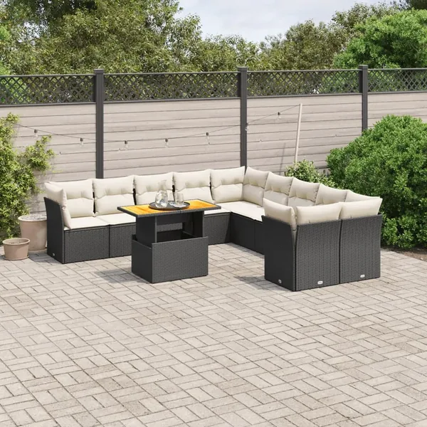 Salon de jardin 11 pcs avec coussins noir résine tressée