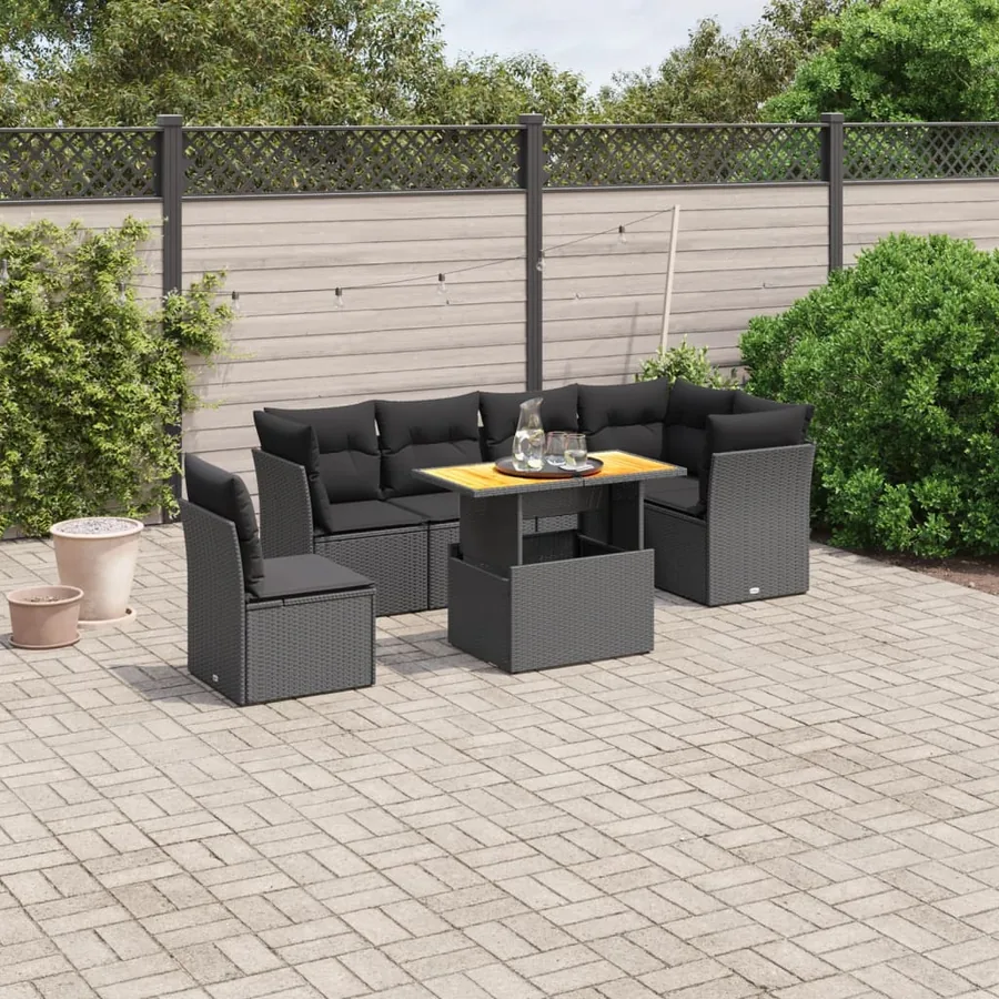 Salon de jardin 7 pcs avec coussins noir résine tressée 62 x 62 x 69 cm - 62,4 kg