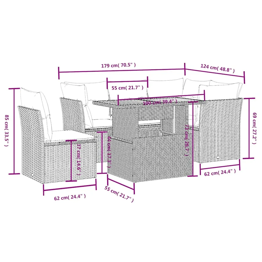 Salon de jardin 5 pcs avec coussins noir résine tressée - 3