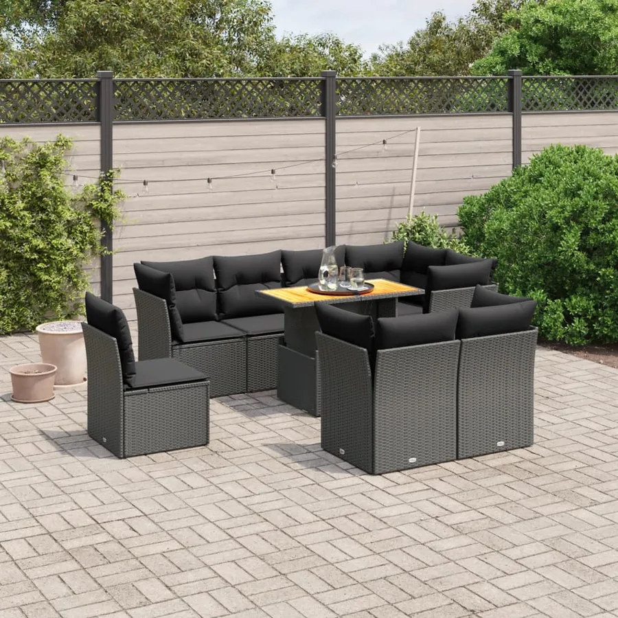 Salon de jardin 9 pcs avec coussins noir résine tressée