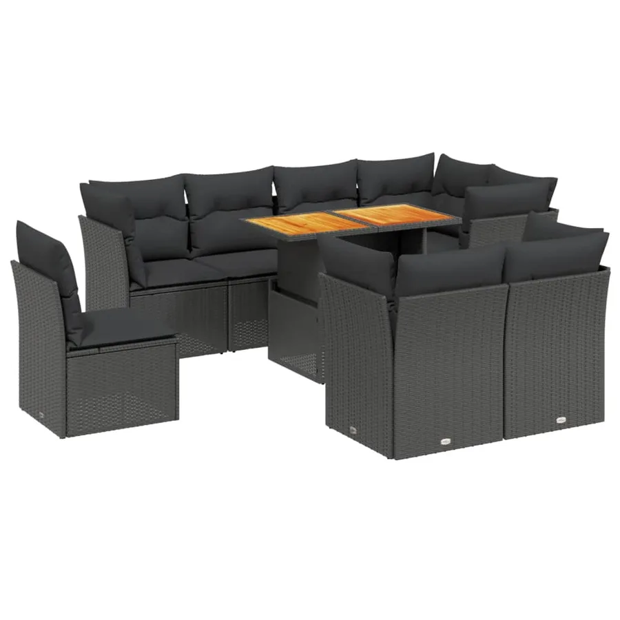 Salon de jardin 9 pcs avec coussins noir résine tressée - 2
