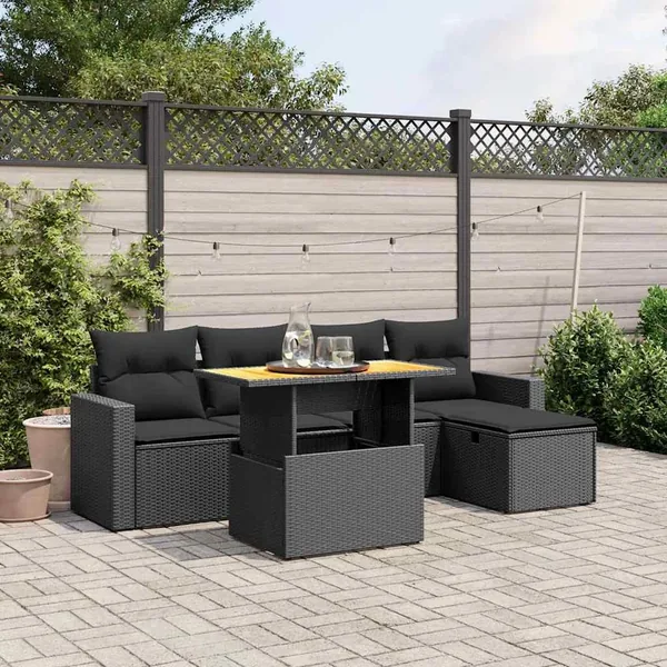 Salon de jardin 6 pcs avec coussins noir résine tressée