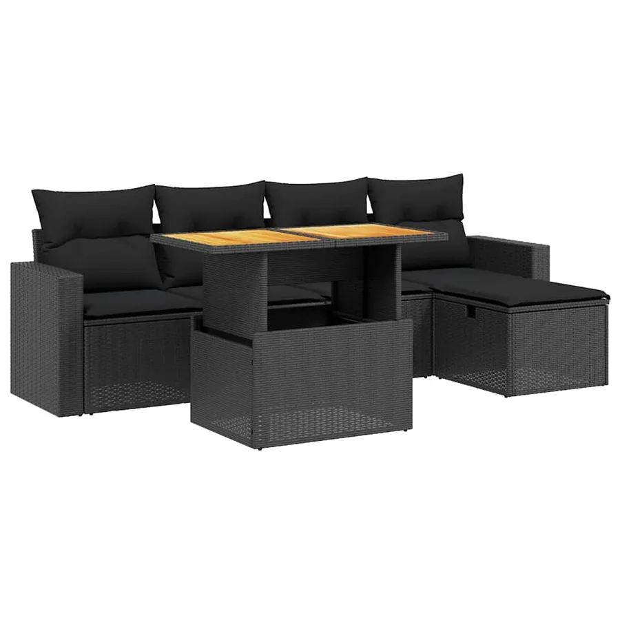 Salon de jardin 6 pcs avec coussins noir résine tressée - 2