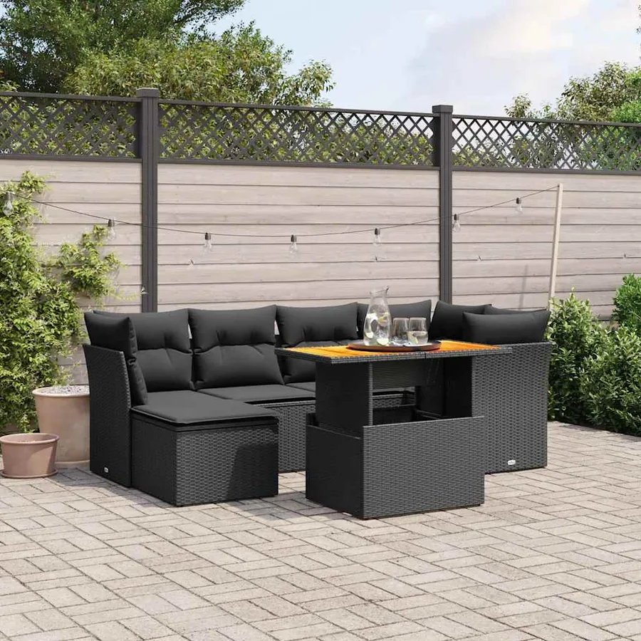 Salon de jardin 7 pcs avec coussins noir résine tressée 62 x 62 x 69 cm - 63,3 kg