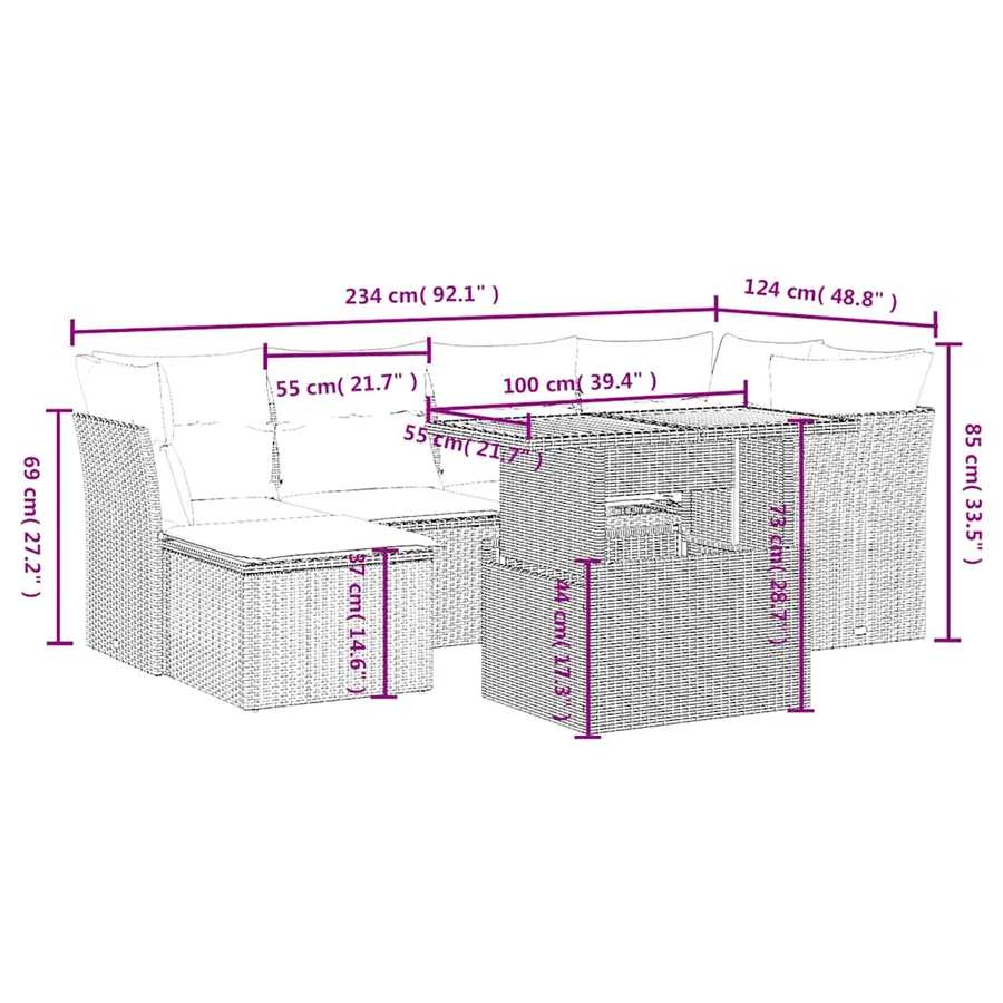 Salon de jardin 7 pcs avec coussins noir résine tressée 62 x 62 x 69 cm - 63,3 kg - 3