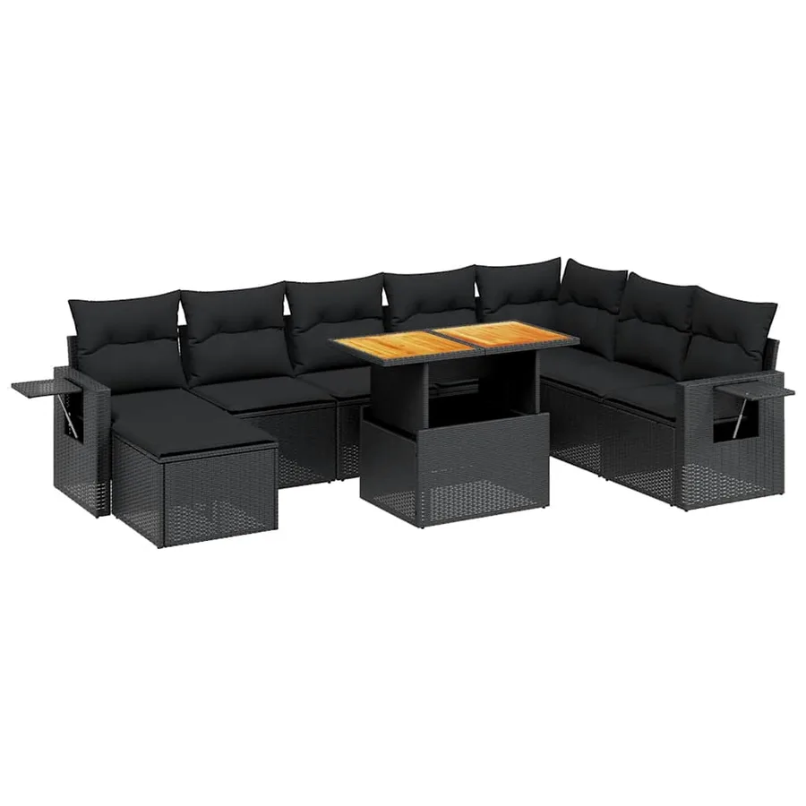 Salon de jardin 9 pcs avec coussins noir résine tressée - 2