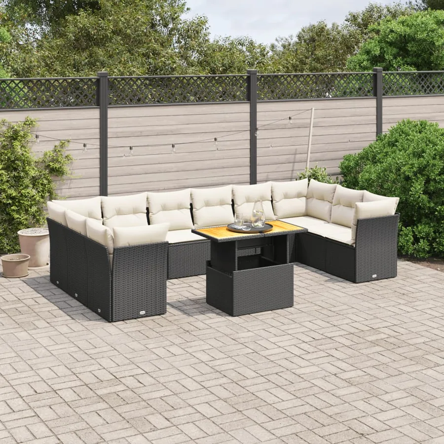 Salon de jardin 11 pcs avec coussins noir résine tressée