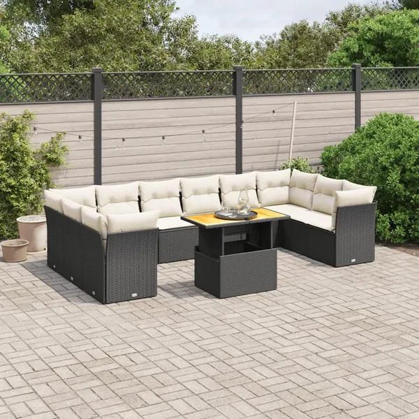 Salon de jardin 11 pcs avec coussins noir résine tressée