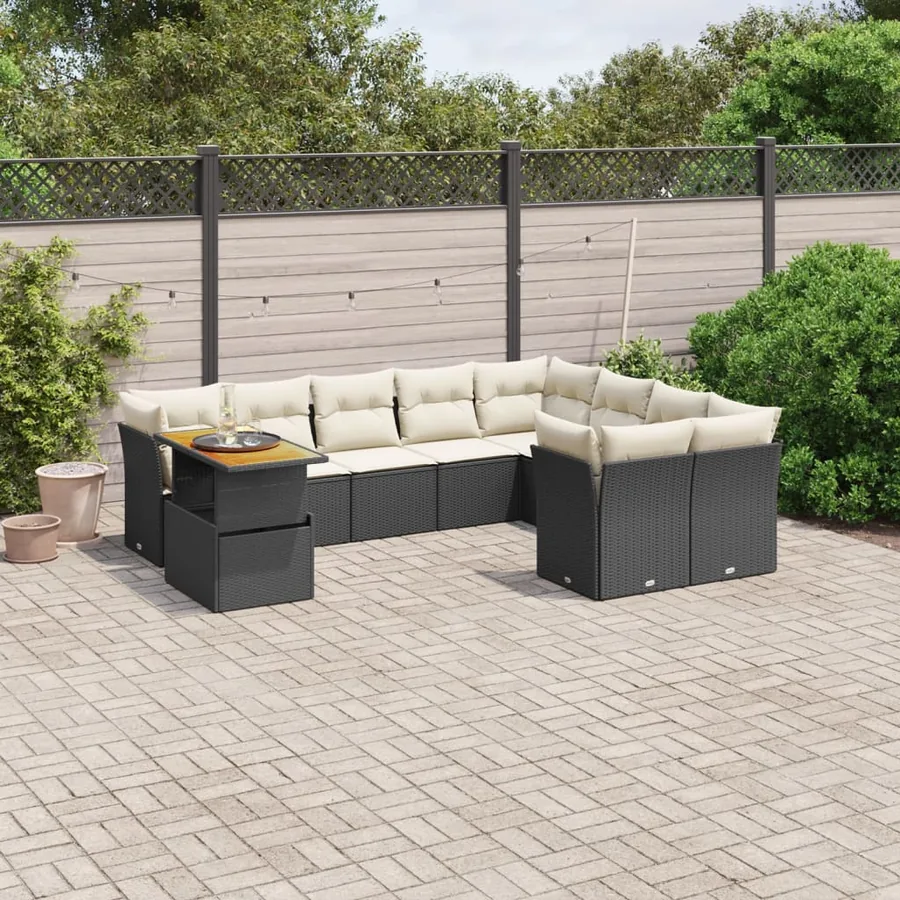 Salon de jardin 10 pcs avec coussins noir résine tressée