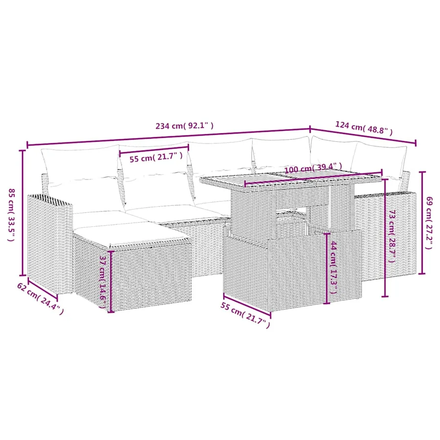 Salon de jardin 7 pcs avec coussins noir résine tressée 55 x 62 x 69 cm - 62,6 kg - 4