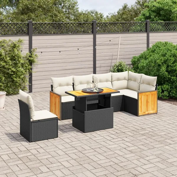 Salon de jardin 7 pcs avec coussins noir résine tressée 55 x 62 x 69 cm - 64,6 kg