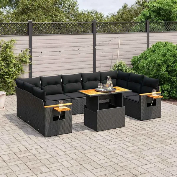 Salon de jardin 10 pcs avec coussins noir résine tressée