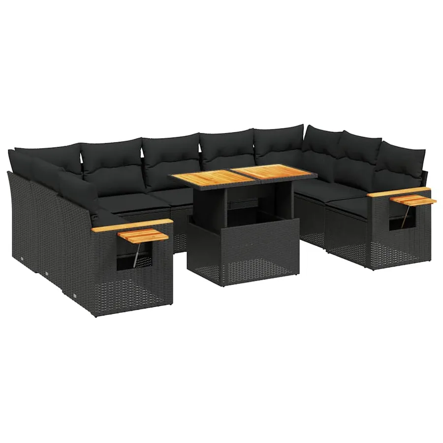 Salon de jardin 10 pcs avec coussins noir résine tressée - 2