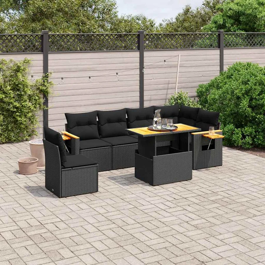 Salon de jardin 7 pcs avec coussins noir résine tressée 55 x 62 x 69 cm - 63,9 kg
