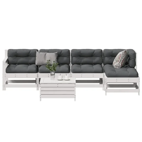 Salon de jardin avec coussins 6 pcs blanc bois de pin massif