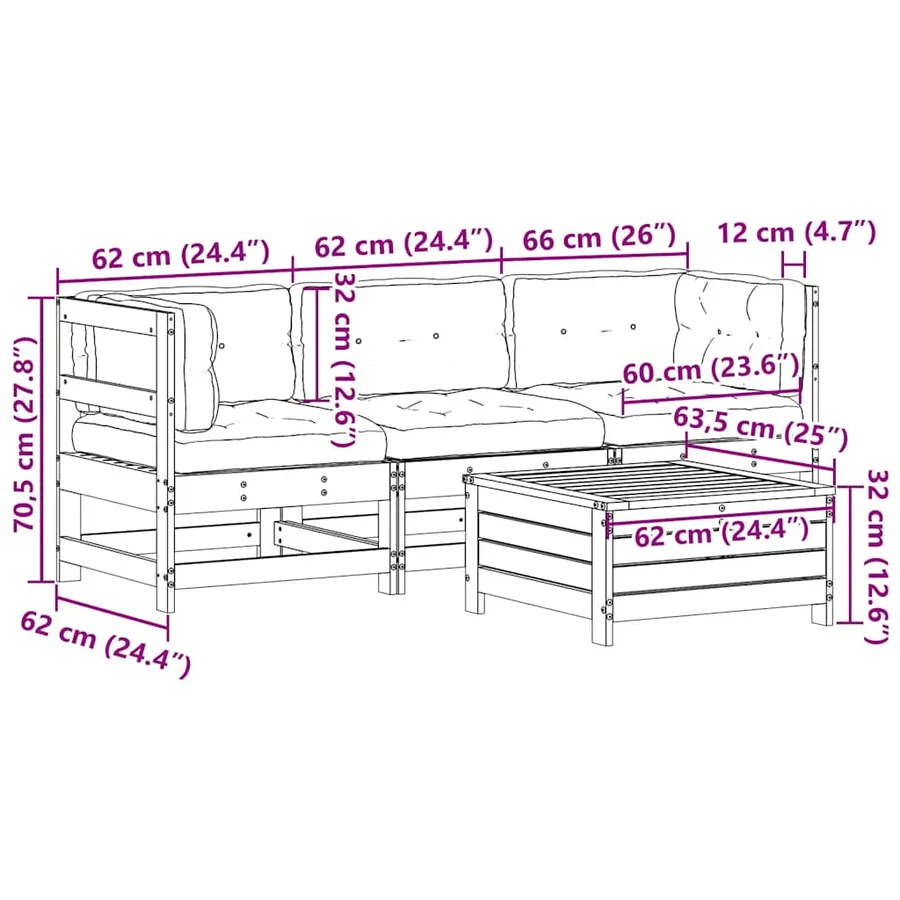 Salon de jardin 4 pcs avec coussins blanc bois de pin massif - 10