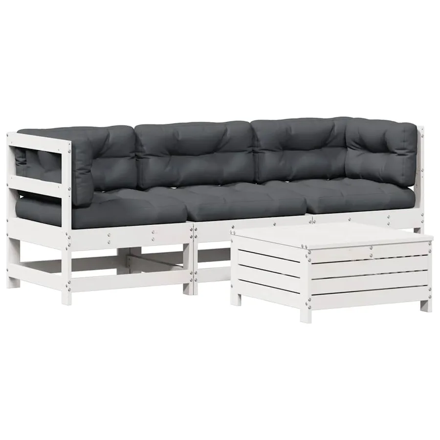 Salon de jardin 4 pcs avec coussins blanc bois de pin massif - 2