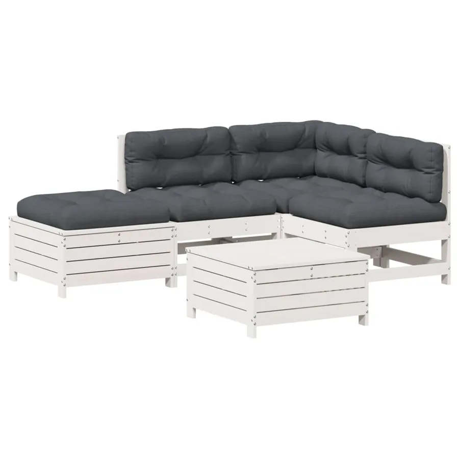 Salon de jardin 5 pcs avec coussins blanc bois massif de pin - 2