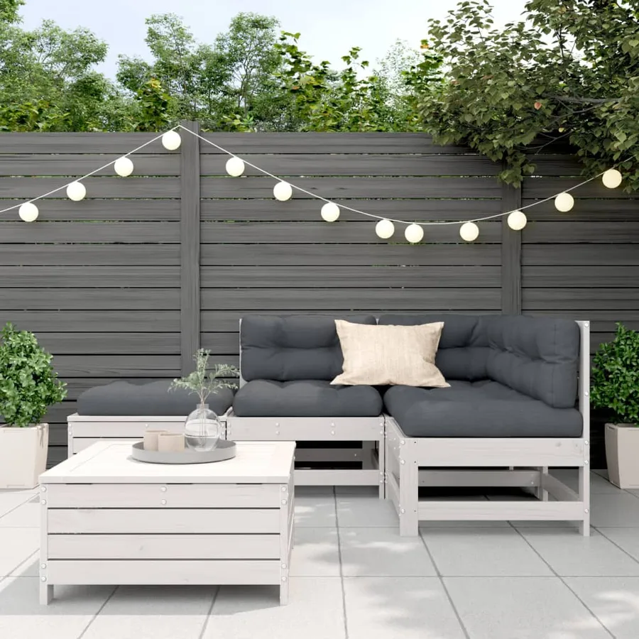 Salon de jardin 5 pcs avec coussins blanc bois massif de pin - 3