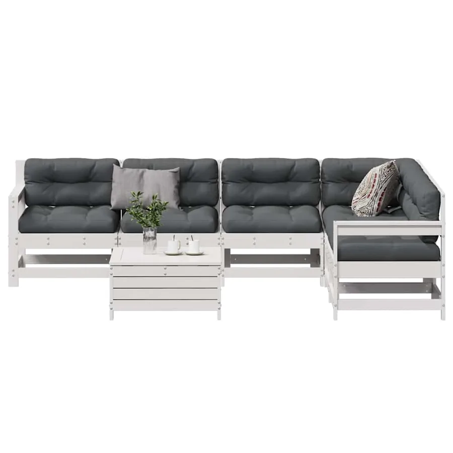 Salon de jardin 7 pcs avec coussins blanc bois de pin massif