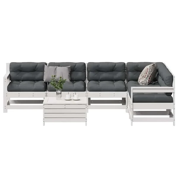 Salon de jardin 7 pcs avec coussins blanc bois de pin massif