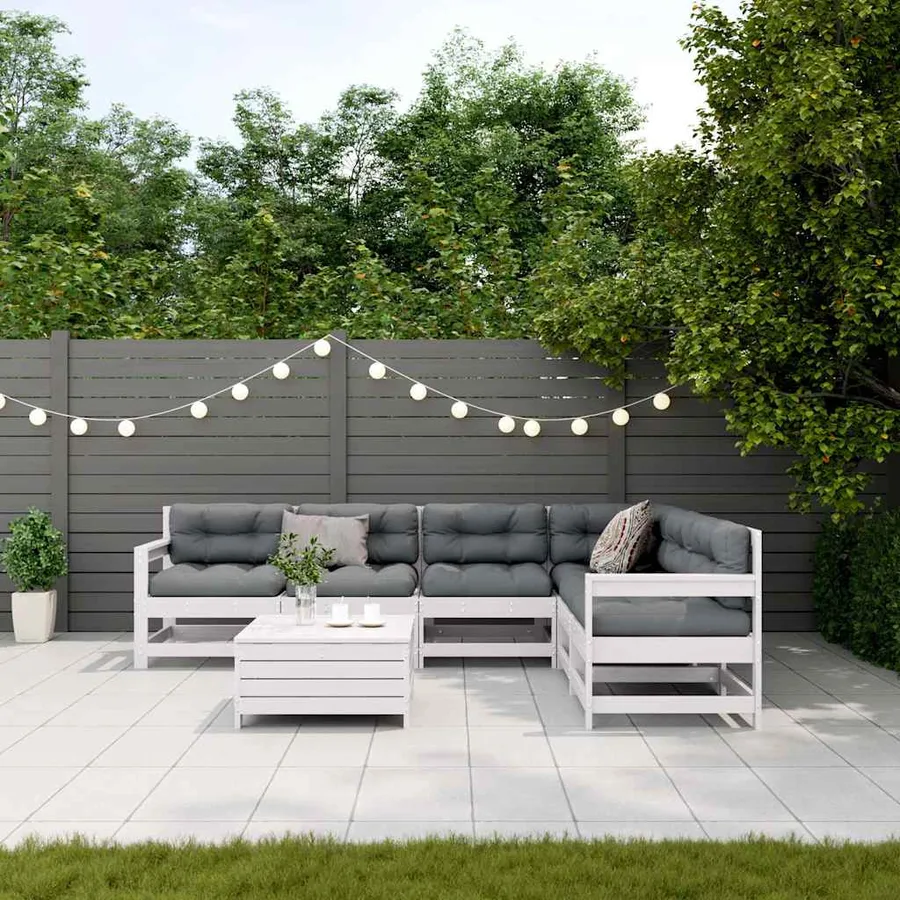 Salon de jardin 7 pcs avec coussins blanc bois de pin massif - 3