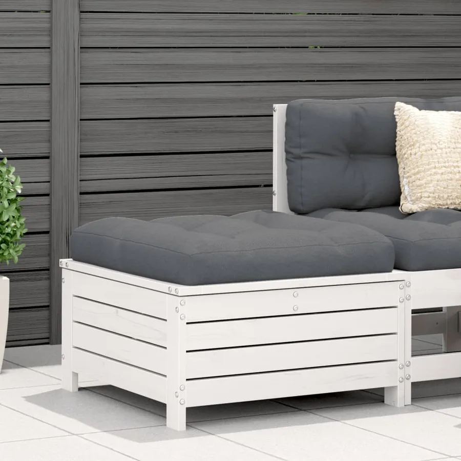 Repose-pied de jardin avec coussin blanc bois de pin massif