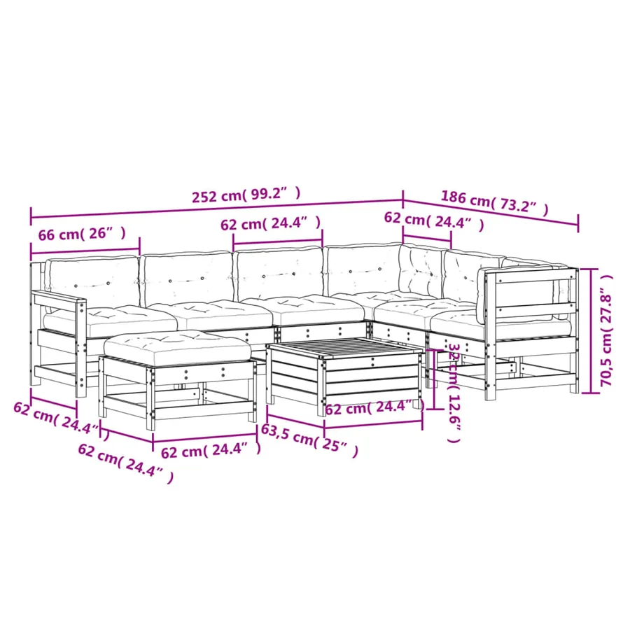 Salon de jardin 8 pcs avec coussins Bois de pin massif - 11