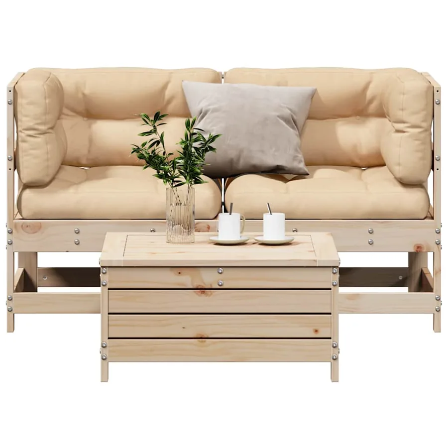 Salon de jardin 3 pcs avec coussins Bois de pin massif
