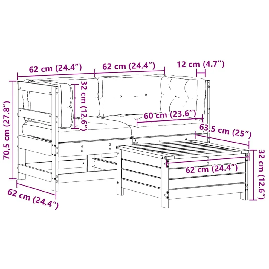 Salon de jardin 3 pcs avec coussins Bois de pin massif - 9