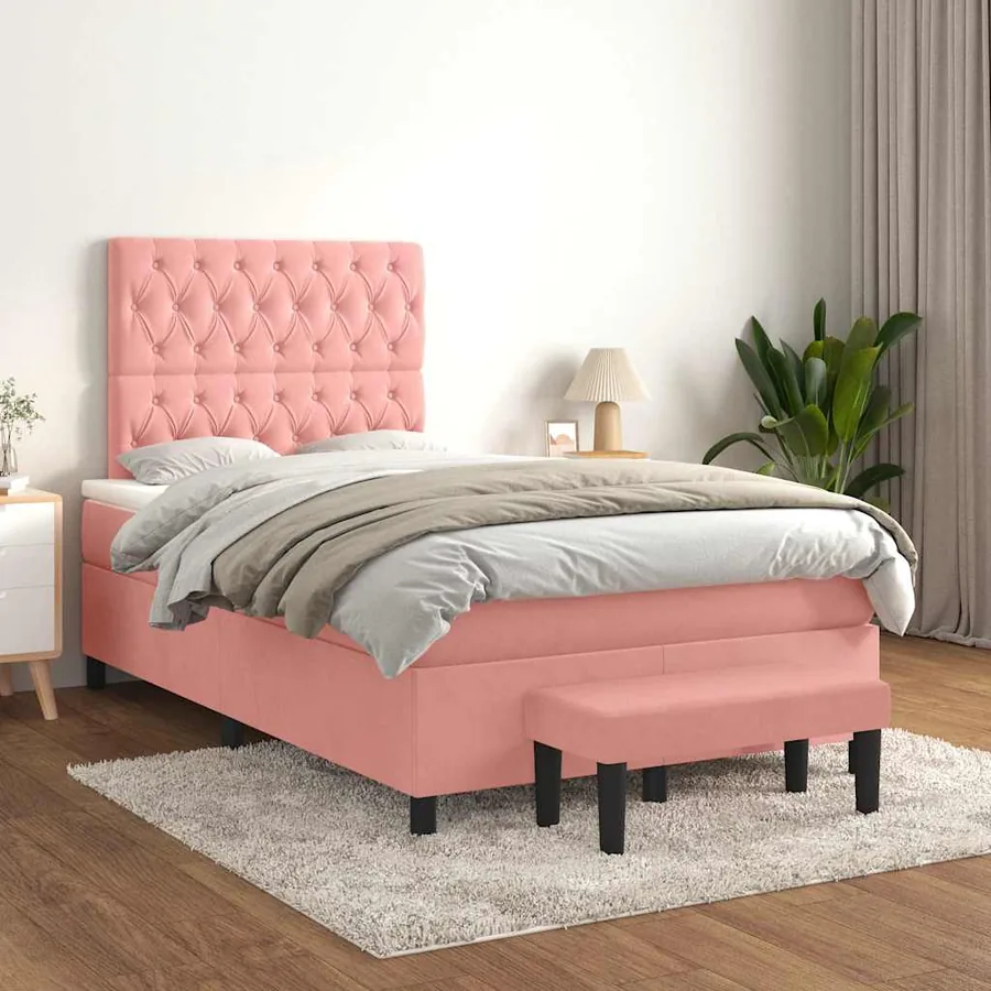 Sommier à lattes de lit avec matelas rose 120x190 cm velours - 3