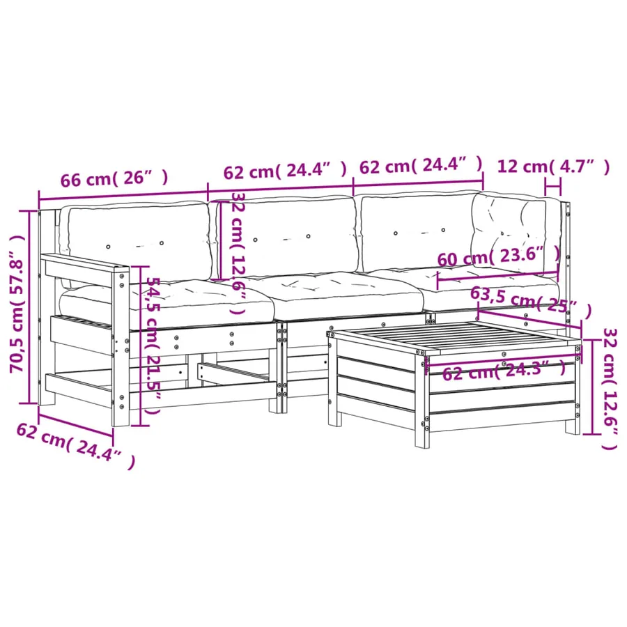 Salon de jardin 4 pcs avec coussins Bois de pin massif - 11