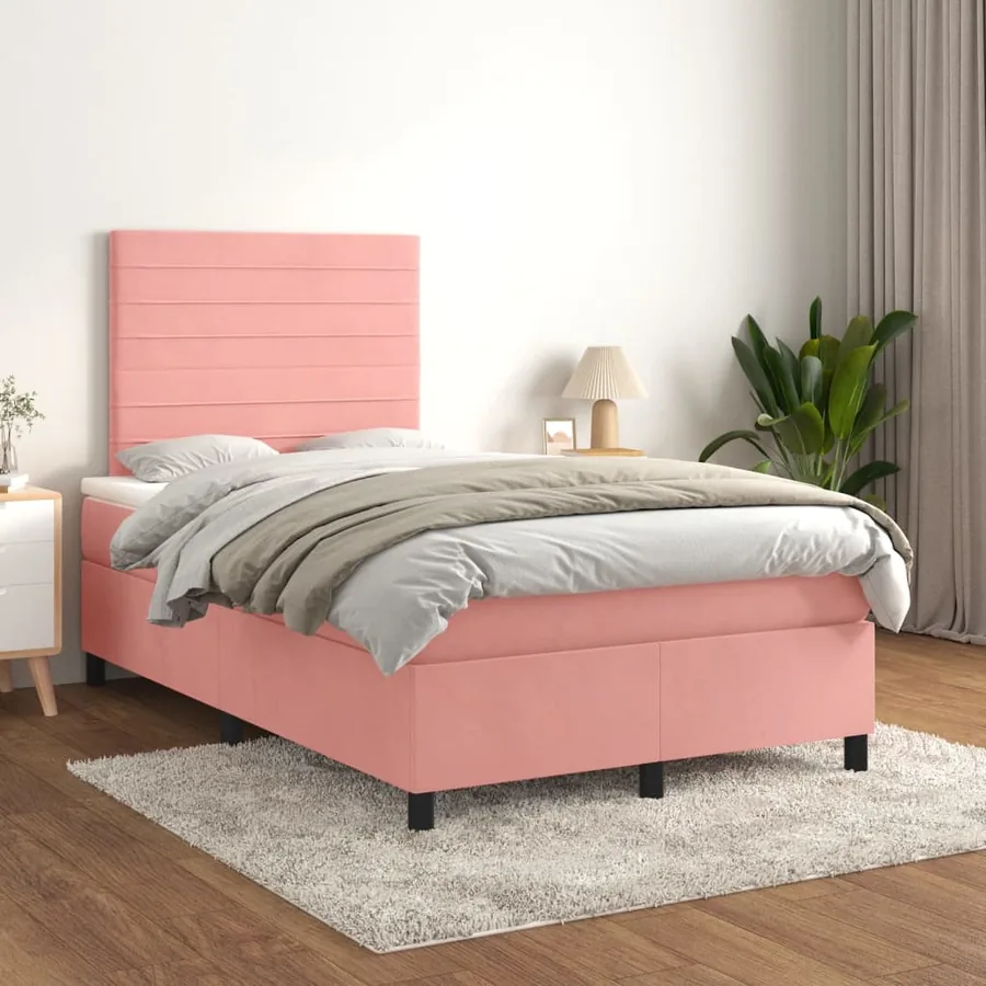 Sommier à lattes de lit avec matelas rose 120x190 cm velours - 3