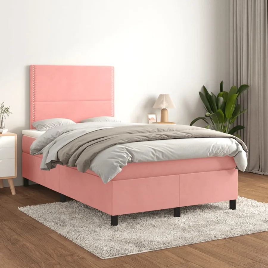 Sommier à lattes de lit avec matelas rose 120x190 cm velours - 3
