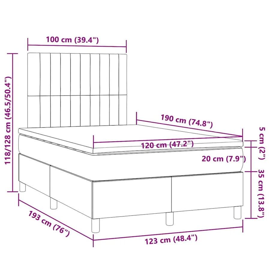 Sommier à lattes de lit matelas et LED bleu 120x190 cm tissu - 10