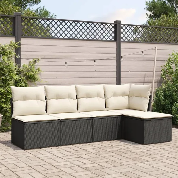 Salon de jardin 5 pcs avec coussins noir résine tressée