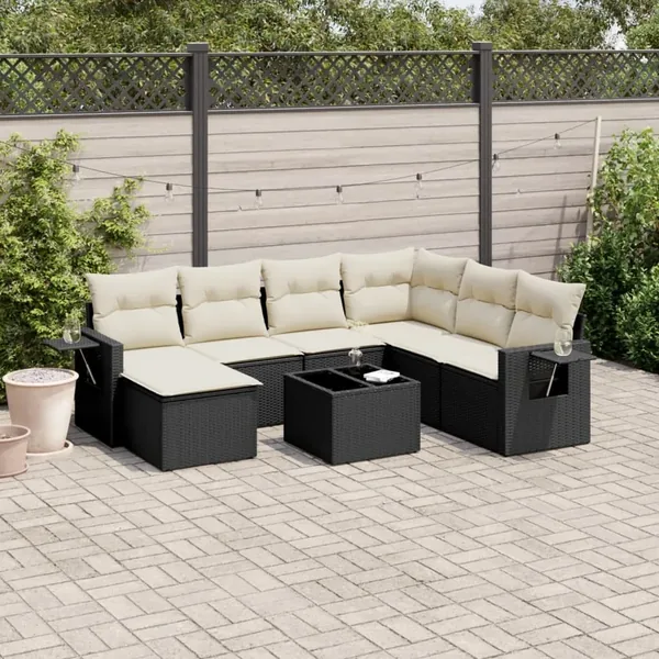 Salon de jardin 8 pcs avec coussins noir résine tressée