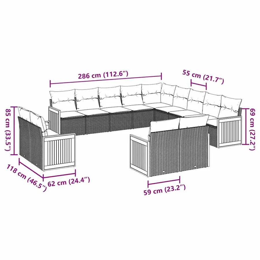 Salon de jardin avec coussins 13 pcs noir résine tressée - 3