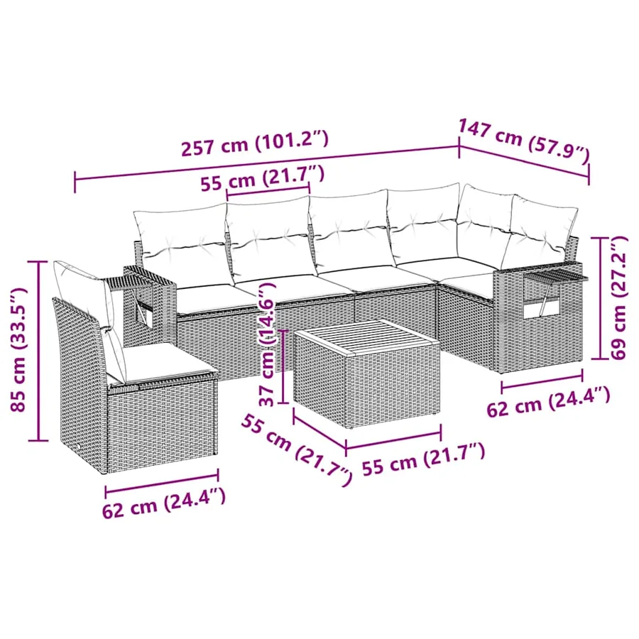 Salon de jardin 7 pcs avec coussins noir résine tressée 62 x 62 x 69 cm - 60,6 kg - 3