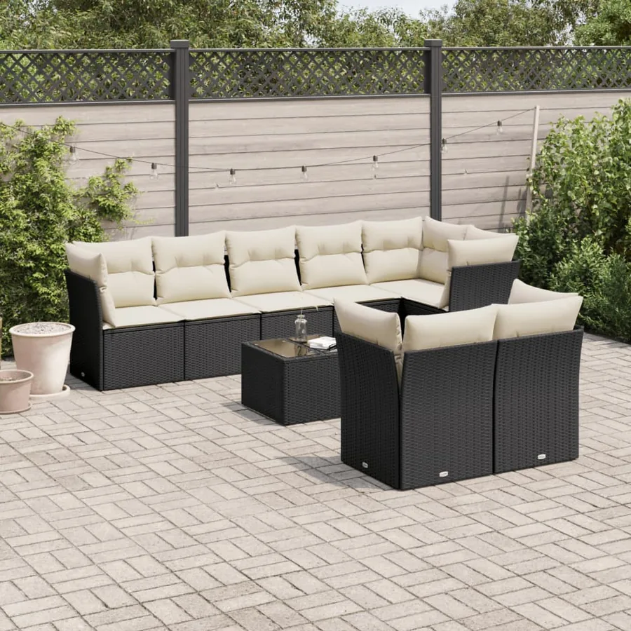 Salon de jardin 9 pcs avec coussins noir résine tressée