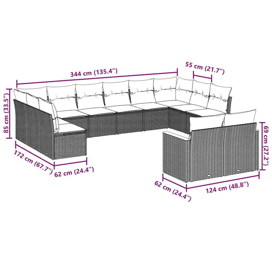 Salon de jardin 12 pcs avec coussins noir résine tressée - 3