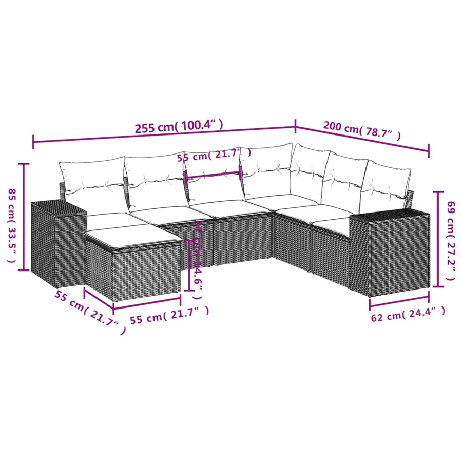 Salon de jardin 7 pcs avec coussins noir résine tressée 62 x 62 x 69 cm - 62,0 kg - 3