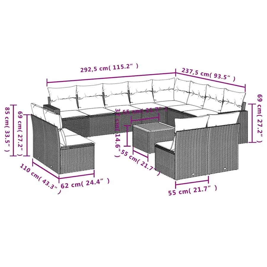 Salon de jardin avec coussins 13 pcs noir résine tressée - 12