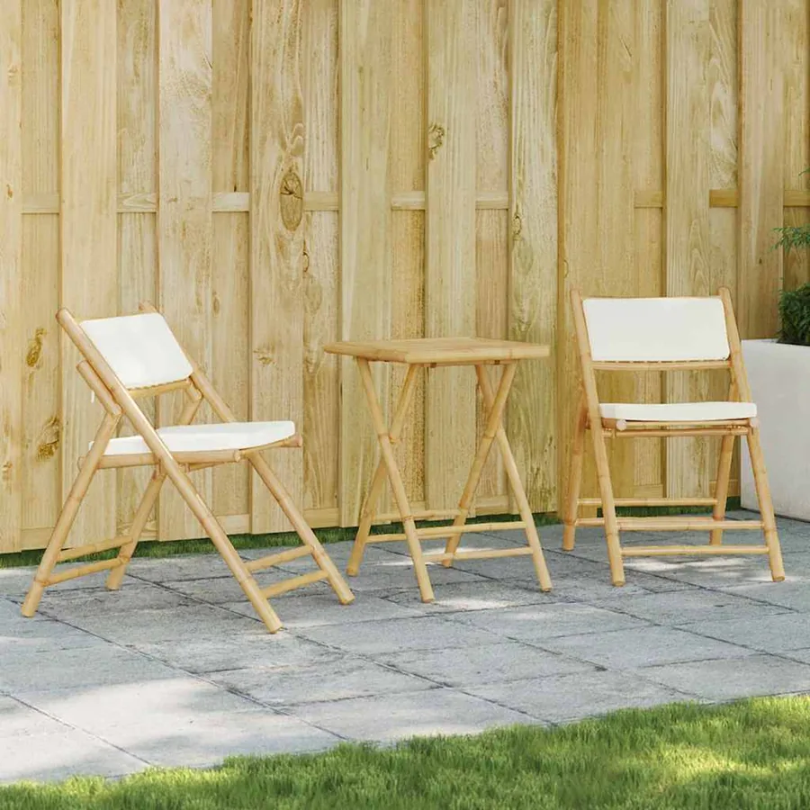 Ensemble de bistro pliante 3 pcs et coussins blanc crème bambou
