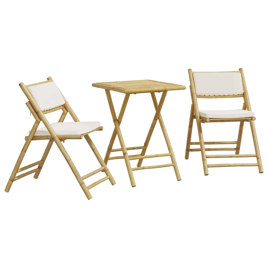 Ensemble de bistro pliante 3 pcs et coussins blanc crème bambou - 2